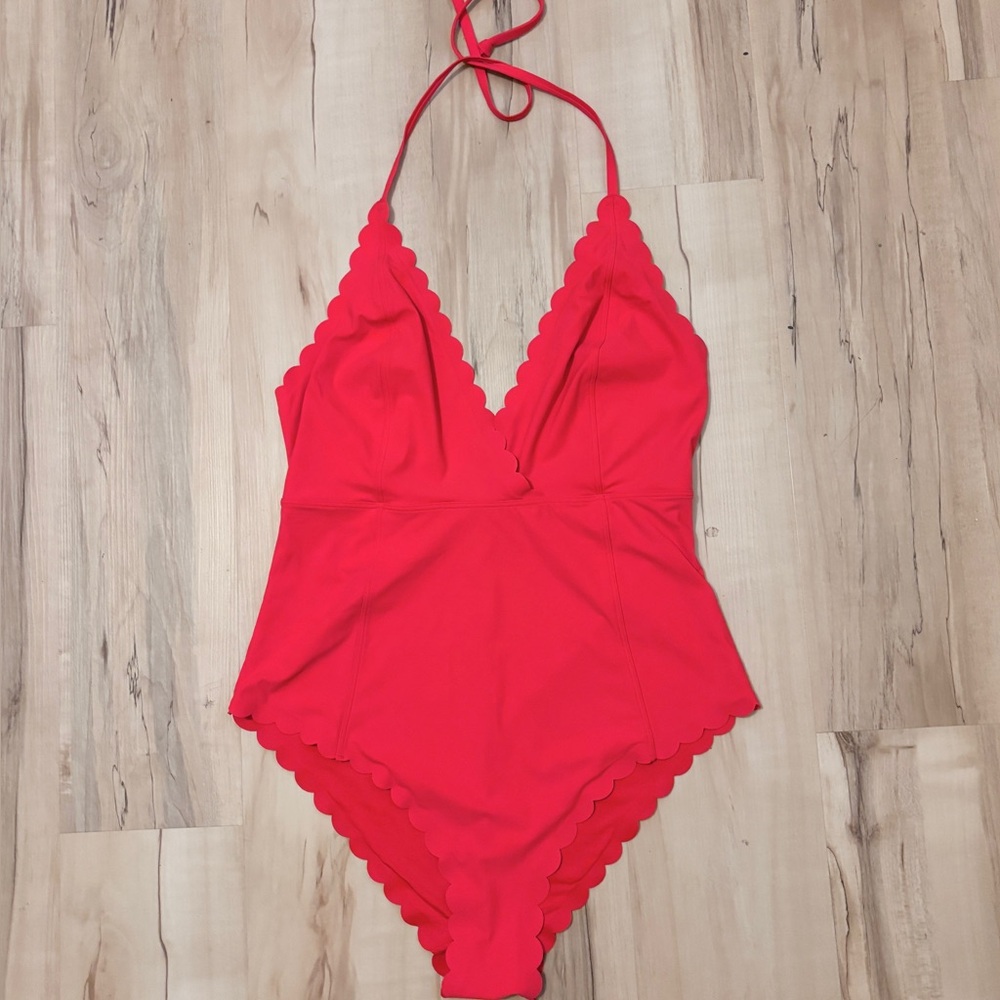 Medium Coral Pink One Piece Halter Scalloped Bathing Suit